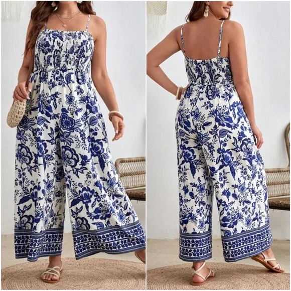Plus Floral Print Smocked Wide leg Cami Jumpsuit
